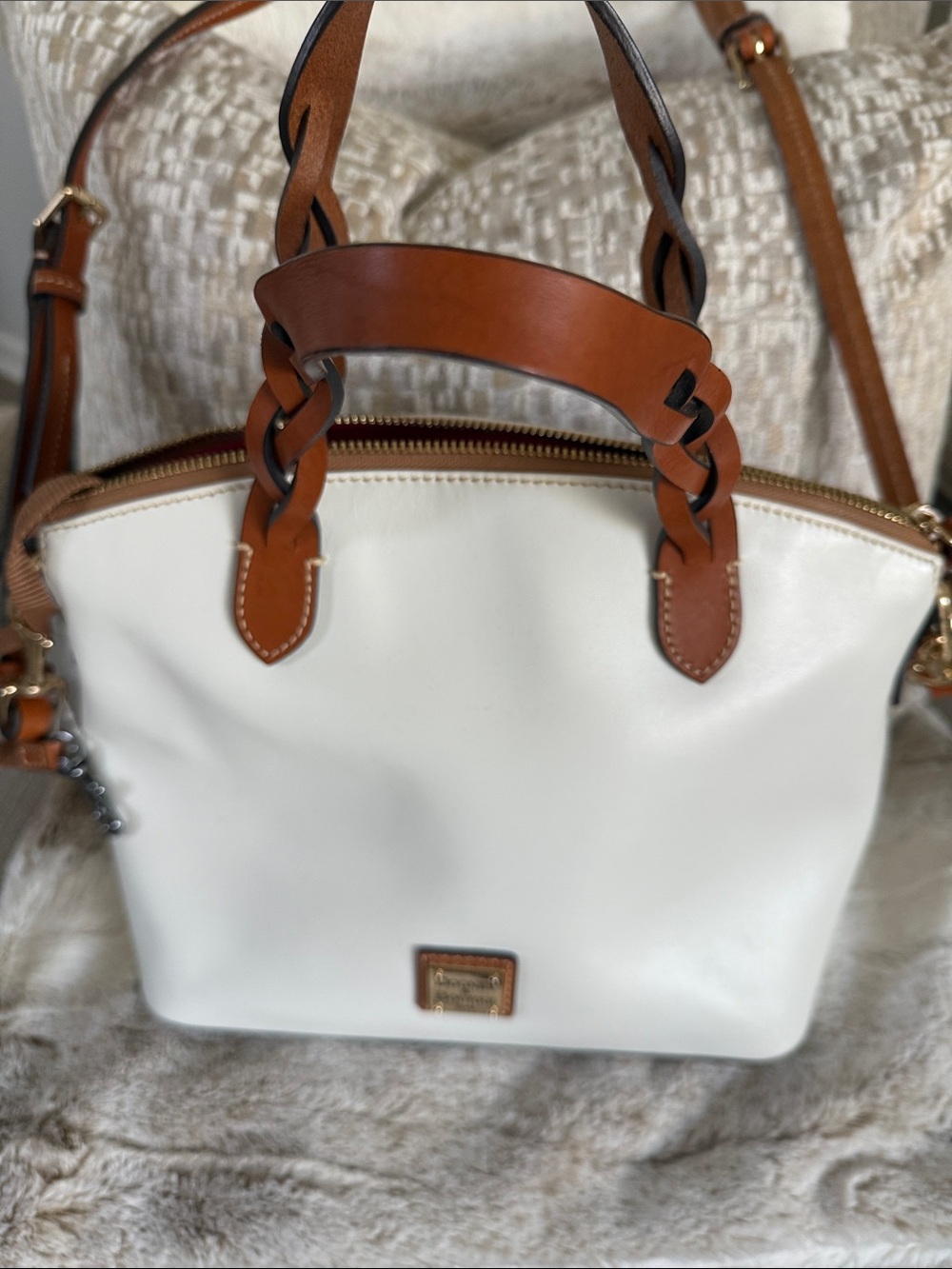 Dooney & Bourke Cream Tote with Red Interior and Tan Straps - Picture 3 of 7